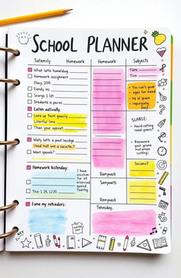 A beautifully organized and aesthetically pleasing school planner page, featuring hand-drawn doodles and colorful sections for each subject