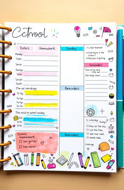 A beautifully organized and aesthetically pleasing school planner page, featuring hand-drawn doodles and colorful sections for each subject