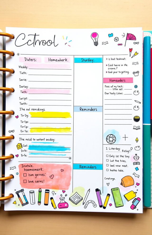 A beautifully organized and aesthetically pleasing school planner page, featuring hand-drawn doodles and colorful sections for each subject