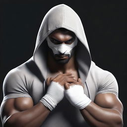 Render a photorealistic image of a muscular Indian man with white bandages on his face, dressed in a dark grey, torn hoodie, with assorted rings on his fingers, set in a dark environment