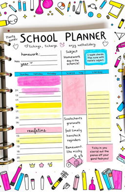 A beautifully organized and aesthetically pleasing school planner page, featuring hand-drawn doodles and colorful sections for each subject
