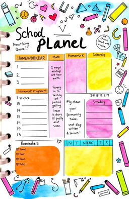 A beautifully organized and aesthetically pleasing school planner page, featuring hand-drawn doodles and colorful sections for each subject