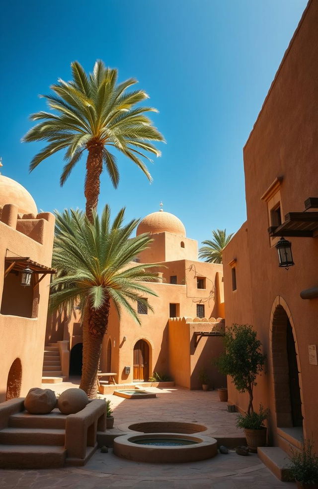 A serene and picturesque depiction of an ancient Islamic village showcasing simple old heritage architecture