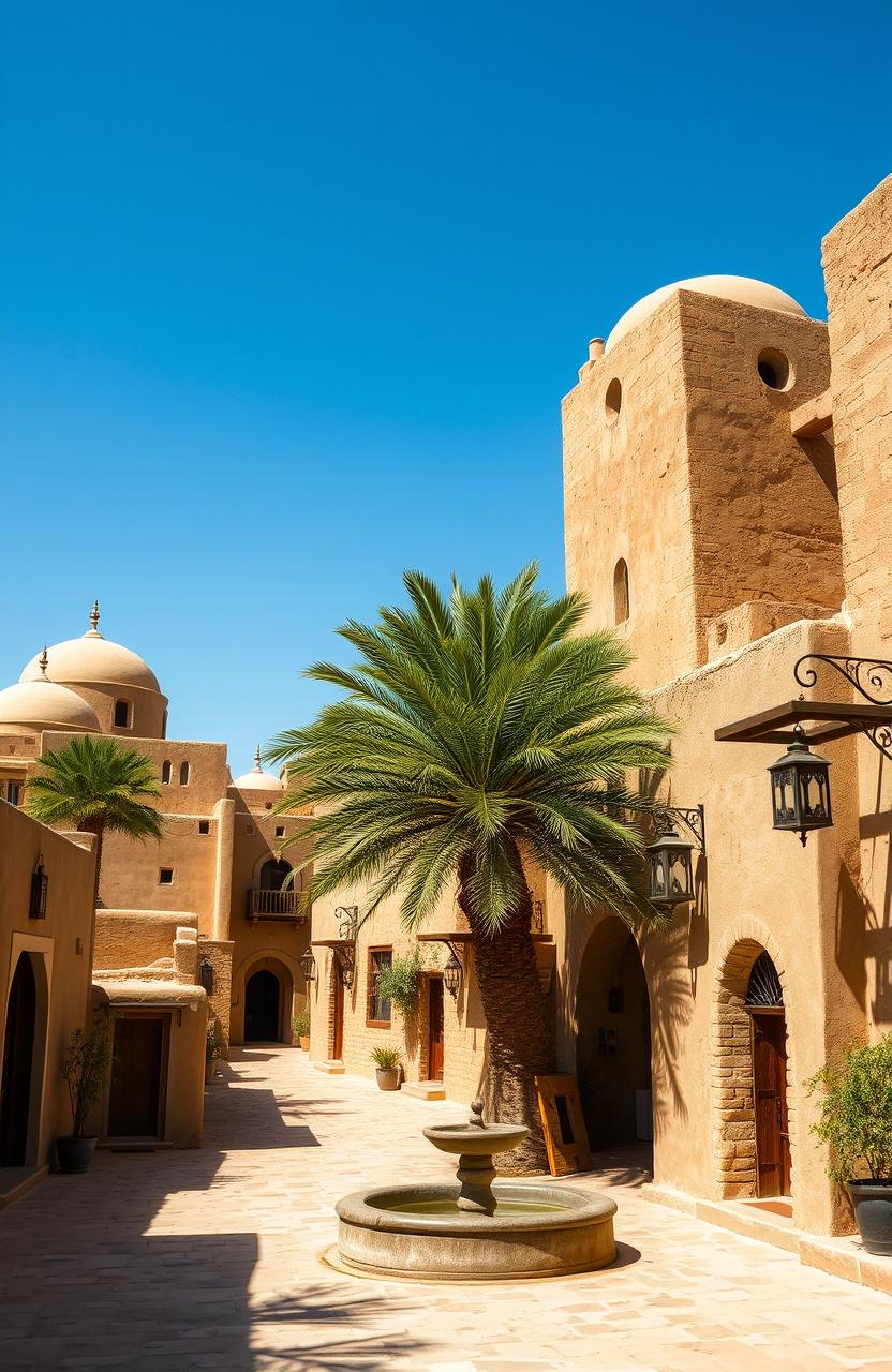 A serene and picturesque depiction of an ancient Islamic village showcasing simple old heritage architecture