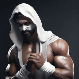 Render a photorealistic image of a muscular Indian man with white bandages on his face, dressed in a dark grey, torn hoodie, with assorted rings on his fingers, set in a dark environment