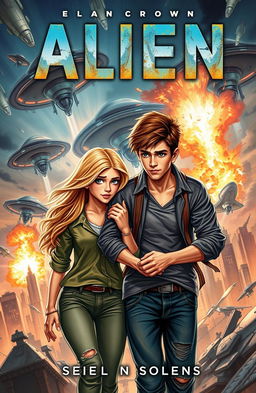 A captivating book cover illustrating a dramatic alien invasion scene, with a blonde girl and a brown-haired boy at the foreground, showcasing their determination and connection as they strive to survive together