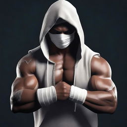 Render a photorealistic image of a muscular Indian man with white bandages on his face, dressed in a dark grey, torn hoodie, with assorted rings on his fingers, set in a dark environment