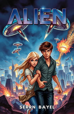 A captivating book cover illustrating a dramatic alien invasion scene, with a blonde girl and a brown-haired boy at the foreground, showcasing their determination and connection as they strive to survive together
