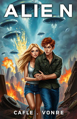 A captivating book cover illustrating a dramatic alien invasion scene, with a blonde girl and a brown-haired boy at the foreground, showcasing their determination and connection as they strive to survive together