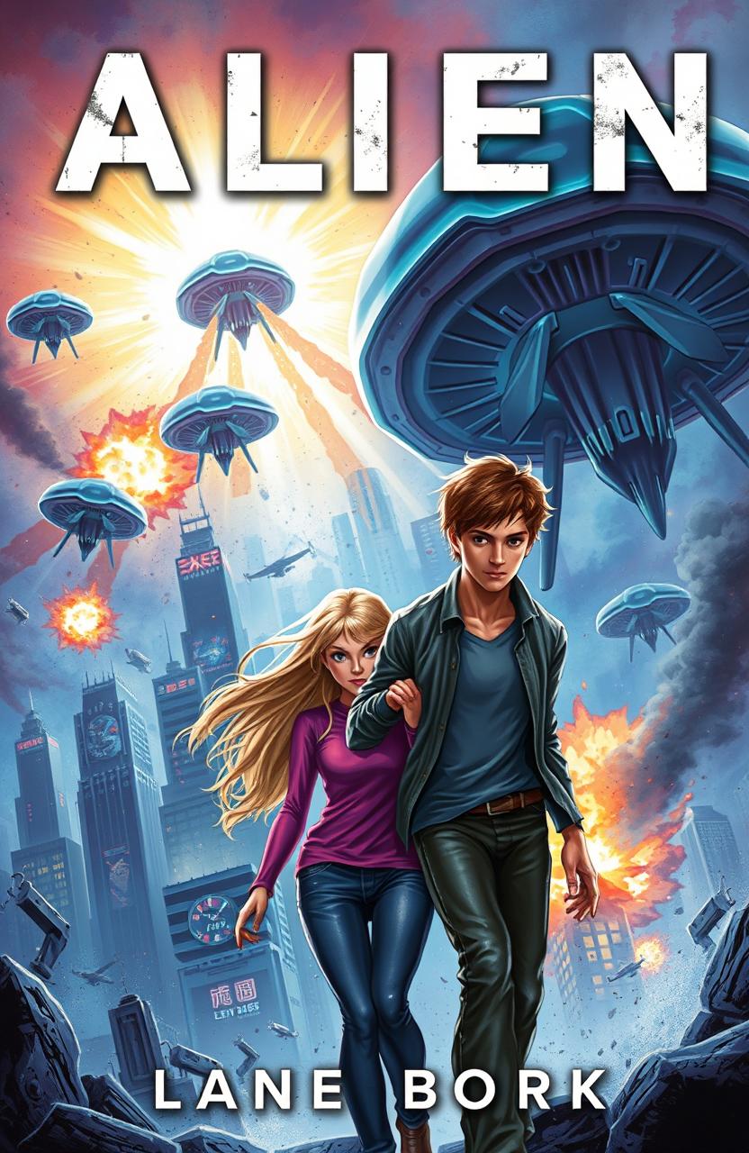 A captivating book cover illustrating a dramatic alien invasion scene, with a blonde girl and a brown-haired boy at the foreground, showcasing their determination and connection as they strive to survive together