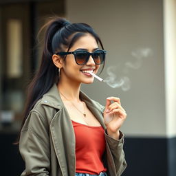 A beautiful 21-year-old Indian woman with very fair skin, slim physique, and long hair styled in a ponytail, wearing a friendly smile and strikingly beautiful eyes