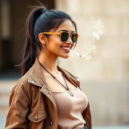 A beautiful 21-year-old Indian woman with very fair skin, slim physique, and long hair styled in a ponytail, wearing a friendly smile and strikingly beautiful eyes