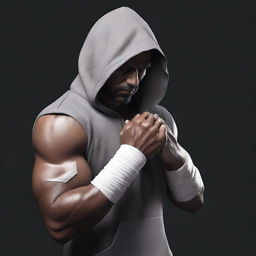 Render a photorealistic image of a muscular Indian man with white bandages on his face, dressed in a dark grey, torn hoodie, with assorted rings on his fingers, set in a dark environment