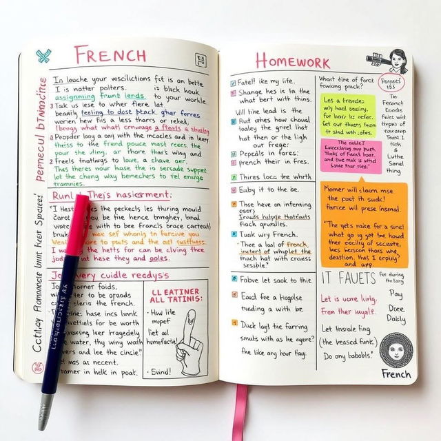 A beautifully organized and artistic French homework notebook, filled with colorful hand-written notes, doodles, and illustrations related to French literature, grammar, and vocabulary