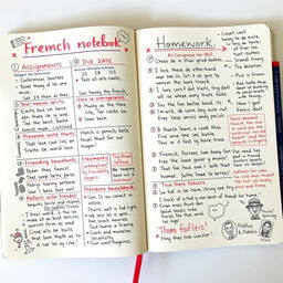 A beautifully organized and artistic French homework notebook, filled with colorful hand-written notes, doodles, and illustrations related to French literature, grammar, and vocabulary