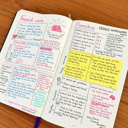 A beautifully organized and artistic French homework notebook, filled with colorful hand-written notes, doodles, and illustrations related to French literature, grammar, and vocabulary