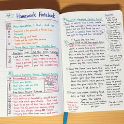A beautifully organized and artistic French homework notebook, filled with colorful hand-written notes, doodles, and illustrations related to French literature, grammar, and vocabulary