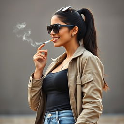 A stunning 21-year-old Indian woman with very fair skin and a slim, sexy figure, showcasing long hair styled in a ponytail