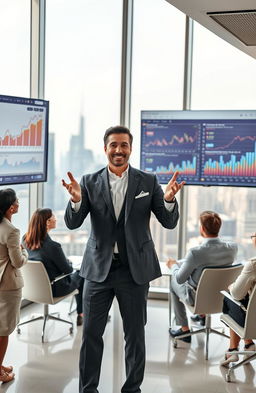 A confident business person, known as a pivot boss, standing in a modern, sleek office environment