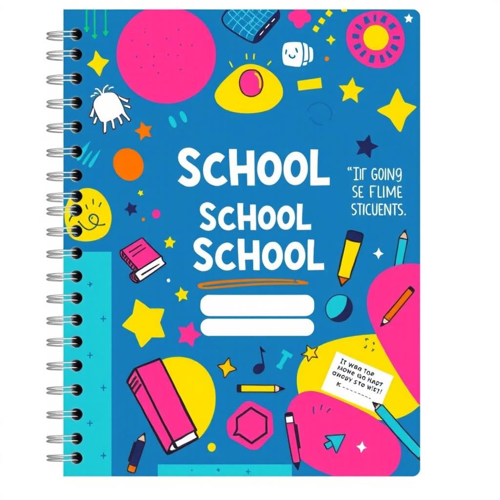 A vibrant school notebook cover design featuring colorful abstract patterns, playful doodles, and inspirational quotes