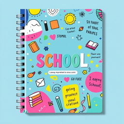 A vibrant school notebook cover design featuring colorful abstract patterns, playful doodles, and inspirational quotes
