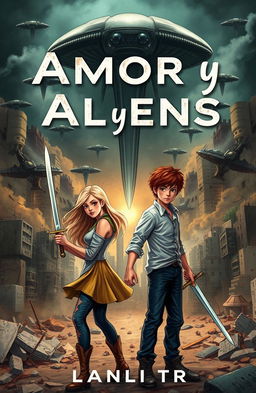 A captivating book cover for a sci-fi romance titled 'Amor y Aliens' by Nanli TR