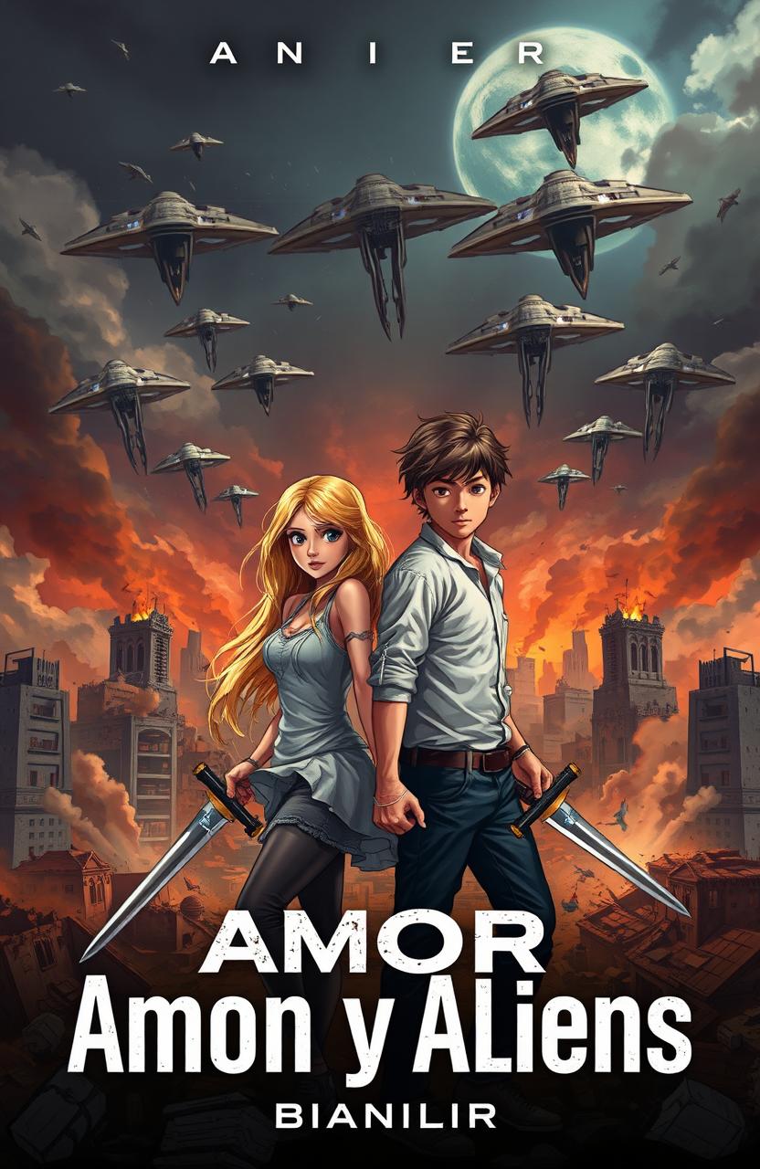 A captivating book cover for a sci-fi romance titled 'Amor y Aliens' by Nanli TR