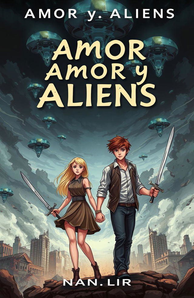 A captivating book cover for a sci-fi romance titled 'Amor y Aliens' by Nanli TR