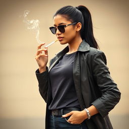 A beautiful 21-year-old Indian woman with very fair skin, slim physique, and long hair styled in a ponytail