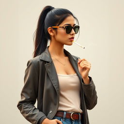 A beautiful 21-year-old Indian woman with very fair skin, slim physique, and long hair styled in a ponytail