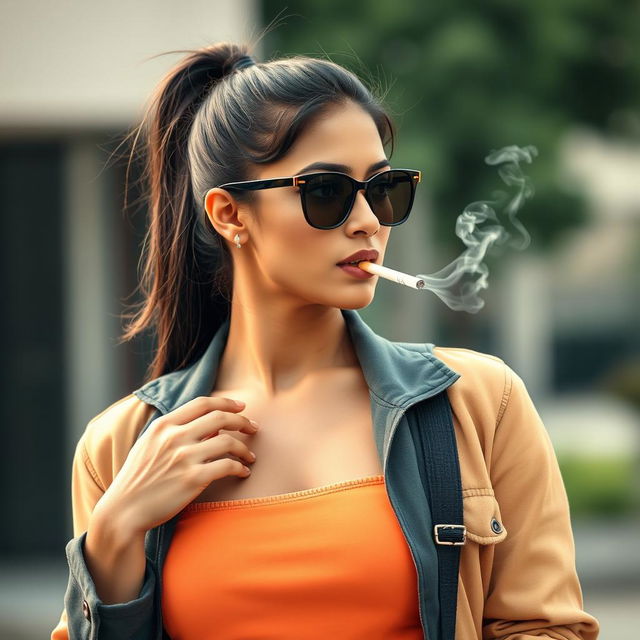 A beautiful 21-year-old Indian woman with very fair skin, slim physique, and long hair styled in a ponytail