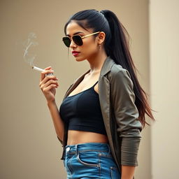 A beautiful 21-year-old Indian woman with very fair skin, slim physique, and long hair styled in a ponytail