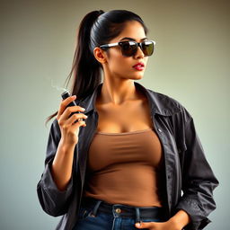 A beautiful 21-year-old Indian woman with very fair skin, slim physique, and long hair styled in a ponytail