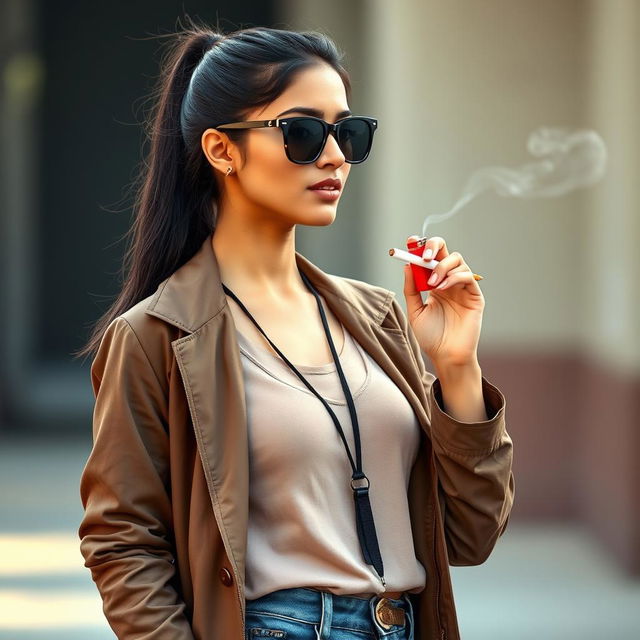 A beautiful 21-year-old Indian woman with very fair skin, slim physique, and long hair styled in a ponytail