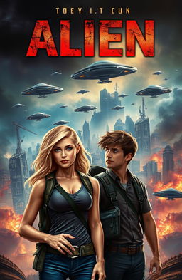 A captivating book cover depicting a thrilling alien invasion scene