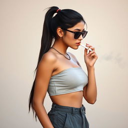 A beautiful 21-year-old Indian woman with very fair skin, a slim and sexy figure, and long hair styled in a sleek ponytail