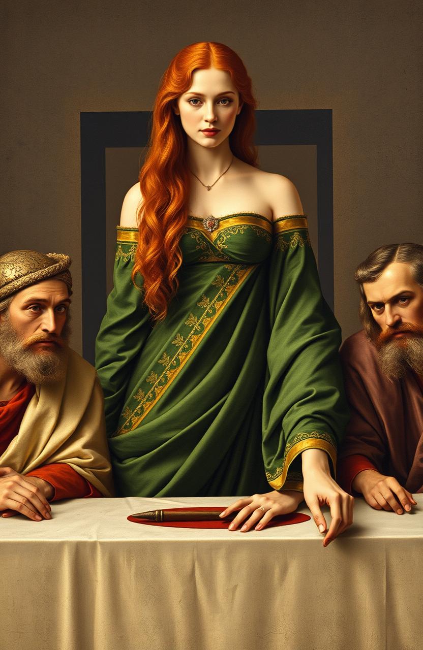An adaptation of Da Vinci's iconic 'The Last Supper' mural, featuring a female figure clad in a luxurious gold-trimmed green gown, with her auburn hair cascading beautifully around her shoulders