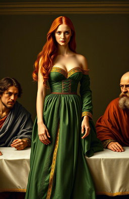 An adaptation of Da Vinci's iconic 'The Last Supper' mural, featuring a female figure clad in a luxurious gold-trimmed green gown, with her auburn hair cascading beautifully around her shoulders
