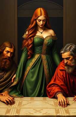 An adaptation of Da Vinci's iconic 'The Last Supper' mural, featuring a female figure clad in a luxurious gold-trimmed green gown, with her auburn hair cascading beautifully around her shoulders