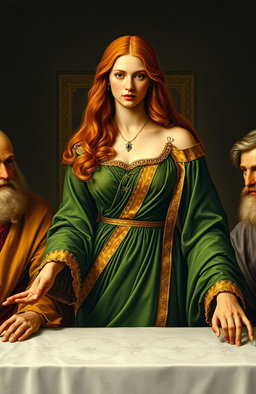 An adaptation of Da Vinci's iconic 'The Last Supper' mural, featuring a female figure clad in a luxurious gold-trimmed green gown, with her auburn hair cascading beautifully around her shoulders