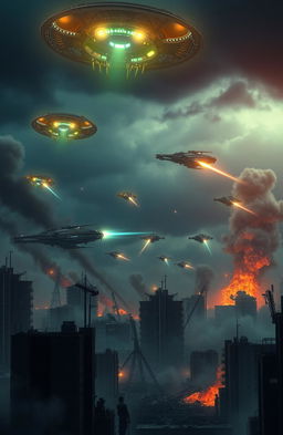 A dramatic scene depicting an alien invasion, with futuristic alien spacecraft looming in the sky