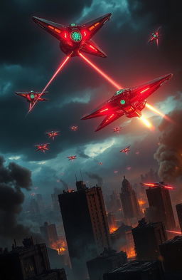 A dramatic scene depicting an alien invasion, with futuristic alien spacecraft looming in the sky