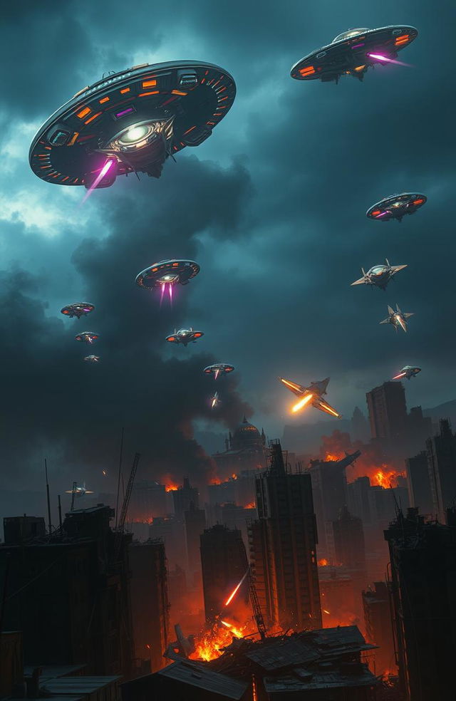 A dramatic scene depicting an alien invasion, with futuristic alien spacecraft looming in the sky