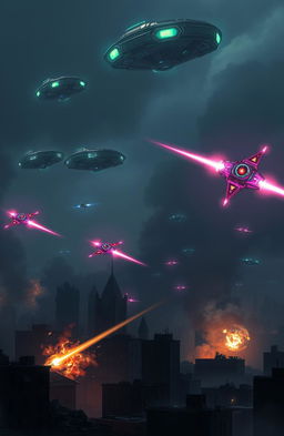 A dramatic scene depicting an alien invasion, with futuristic alien spacecraft looming in the sky