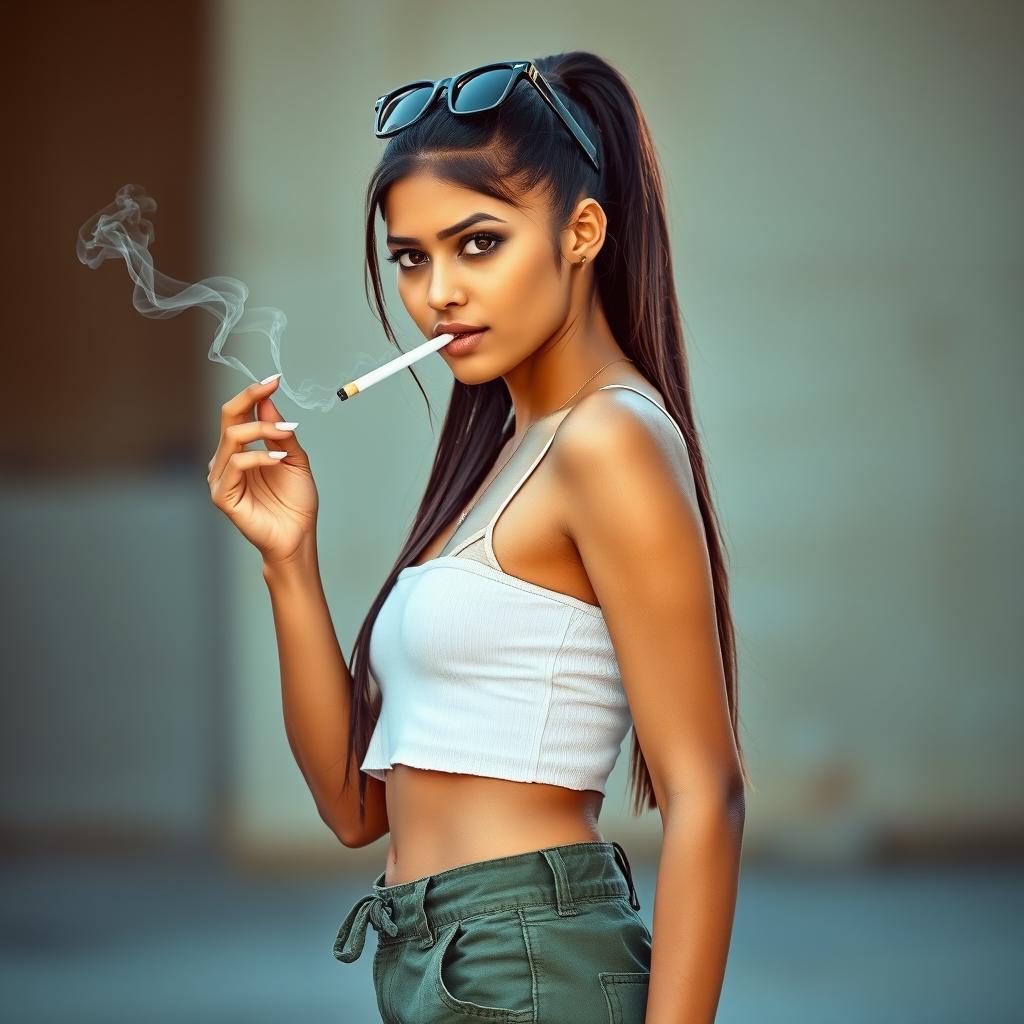 A beautiful 21-year-old Indian woman with very fair skin, a slim and sexy figure, and long hair styled in a sleek ponytail