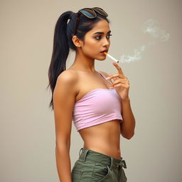 A beautiful 21-year-old Indian woman with very fair skin, a slim and sexy figure, and long hair styled in a sleek ponytail