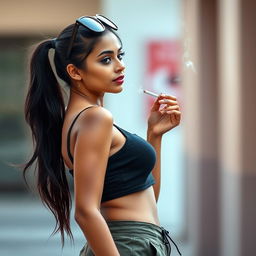A beautiful 21-year-old Indian woman with very fair skin, a slim and sexy figure, and long hair styled in a sleek ponytail
