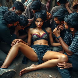 A vibrant scene set in a slum environment featuring a beautiful 18-year-old Pakistani girl with long legs, lying confidently on the ground, showcasing her breasts and navel in a passionate moment