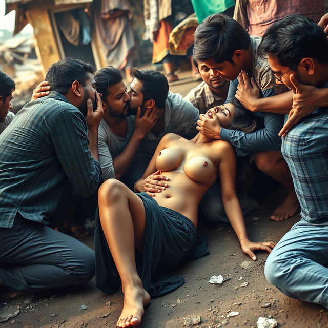 A vibrant scene set in a slum environment featuring a beautiful 18-year-old Pakistani girl with long legs, lying confidently on the ground, showcasing her breasts and navel in a passionate moment