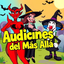 A comedic YouTube thumbnail for a skit called 'Audiciones del Más Allá' featuring a sexy devil character, a witch with a mischievous grin, and a playful clown inspired by 'It'
